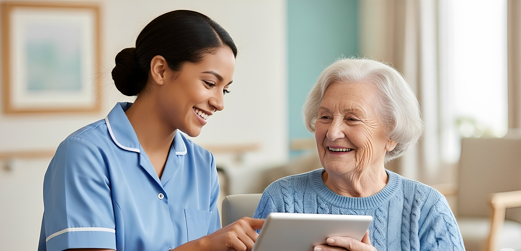 Nurse smiling with elder using a tablet