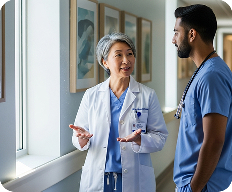 Clinician speaking with colleague in a hallway